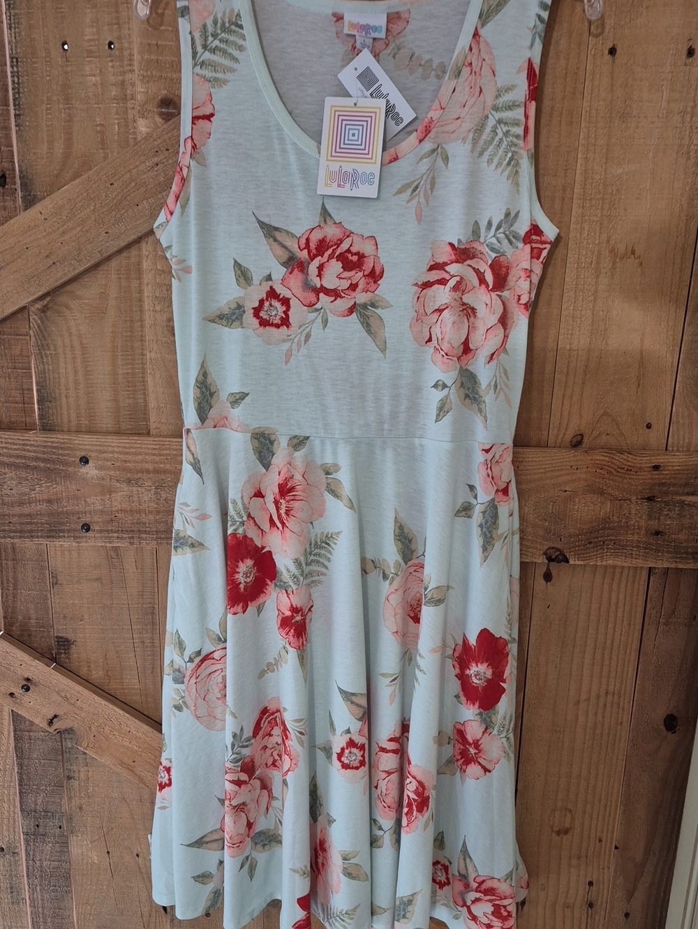 LuLaRoe Mint Green Floral Tank Dress with Coral Roses